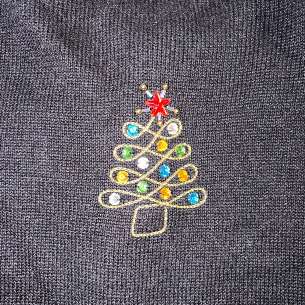 Vintage Berek Christmas Cardigan Sweater Womens Large Black Sequin Santa Holiday